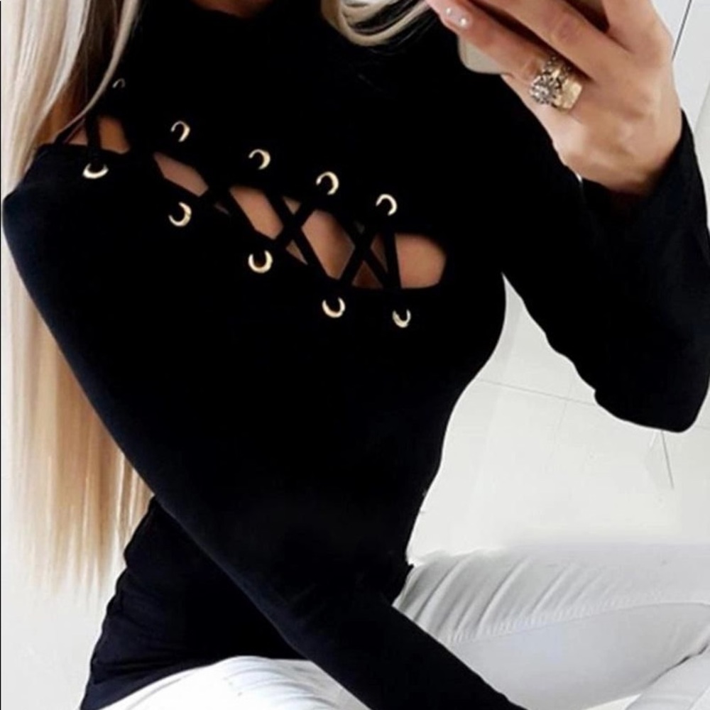 Sexy Laced Up Eyelet Turtleneck Blouse